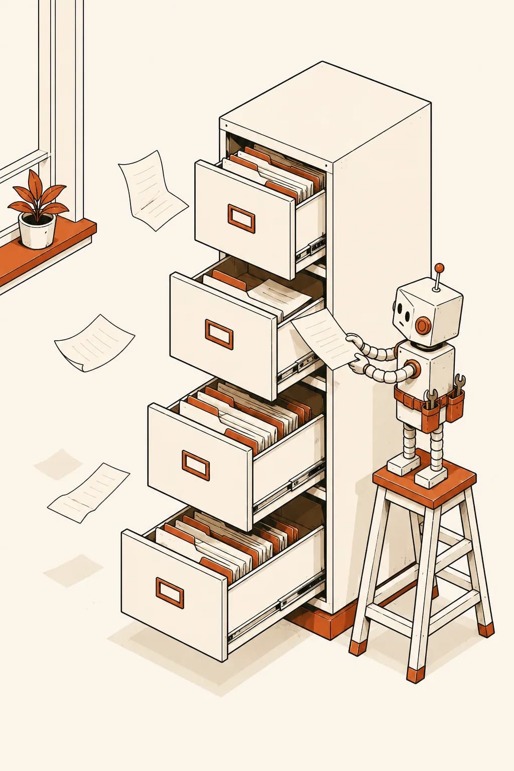 Robot op een kruk bij een hoge archiefkast, repetitief kantoorwerk dat we overnemen.