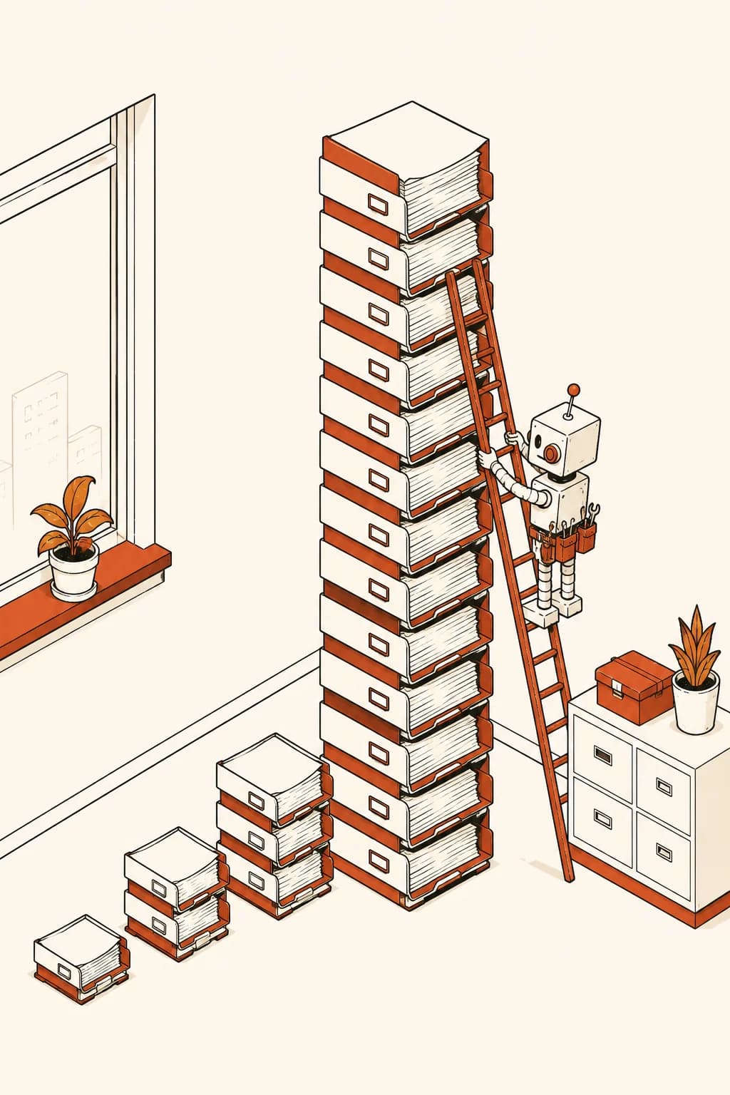 Robot op een ladder naast gestapelde papierbakken, het in kaart brengen van processen.
