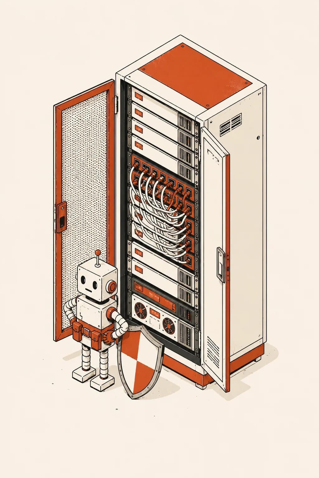 Robot met schild bij een serverkast, data die in Europa blijft.